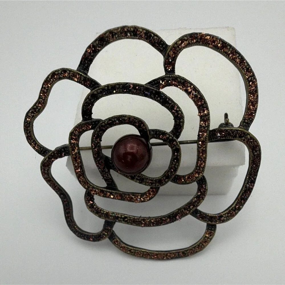 Brown & Gold Tone Flower Brooch Pin, Simulated Red Pearl Center, 2.50 in